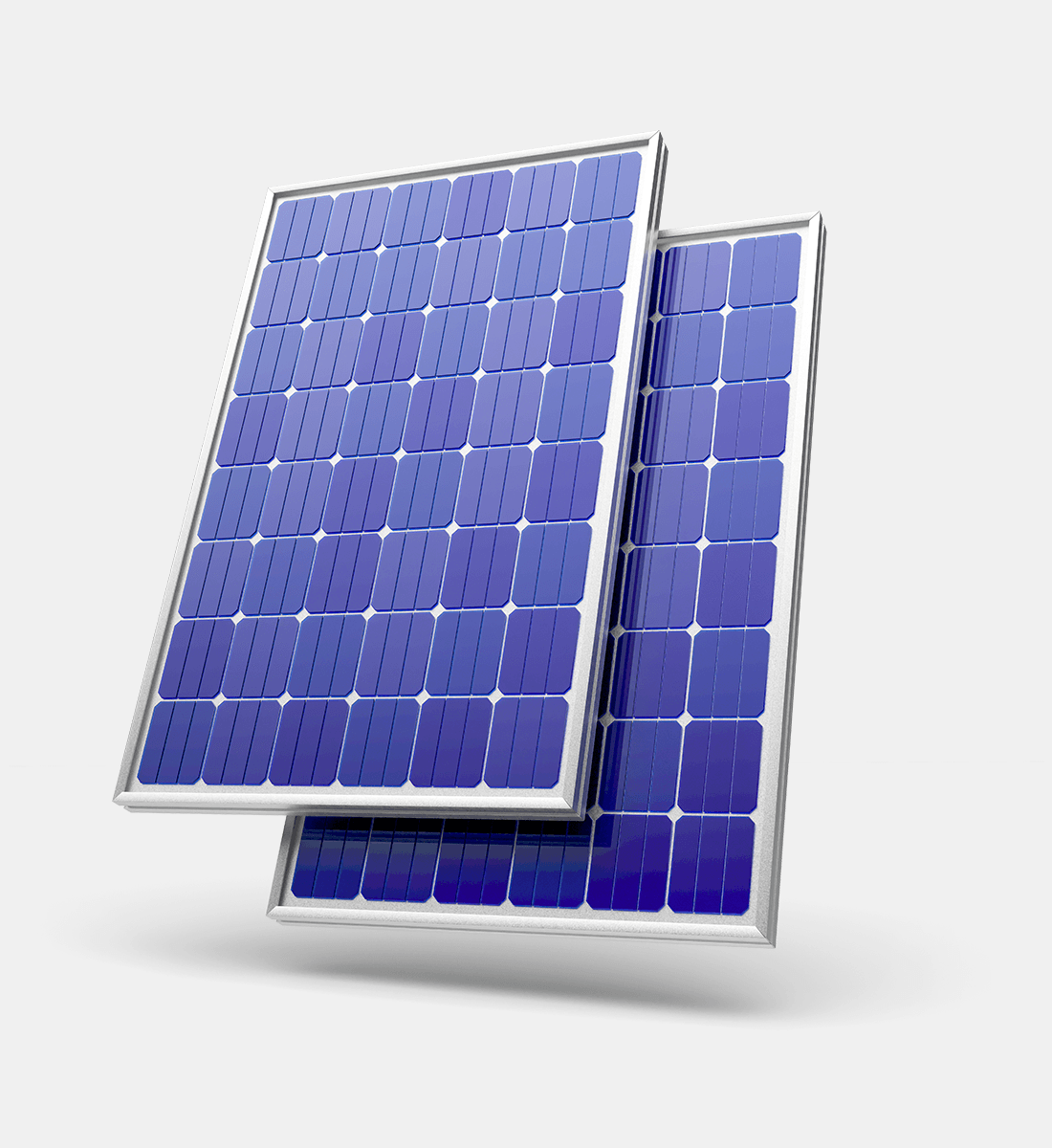 Side-by-side image of a single solar cell and a full solar panel with sunlight above them.