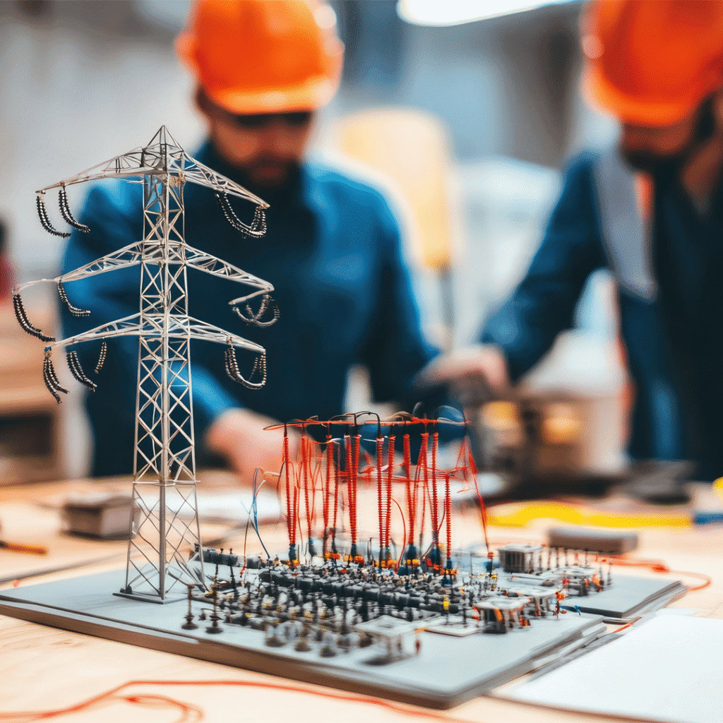 Electrical engineers commissioning a power substation model with transmission tower and transformer components